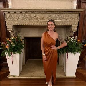 One-Shoulder Rust Satin Midi Dress Showpo